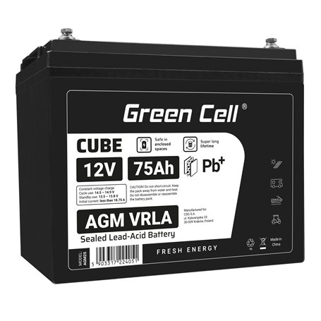 Green Cell CUBE AGM IP54 12V 75Ah VRLA Battery Gel deep cycle powerchair photovoltaic leisure battery campervan